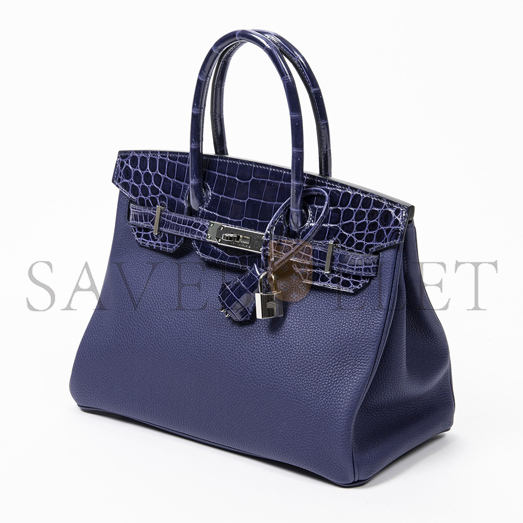 HERMÈS MASTER BIRKIN 25 CROCODILE AND TOGO LEATHER STORM BLUE SILVER BUCKLE H076216CK23 (25*20*13cm)